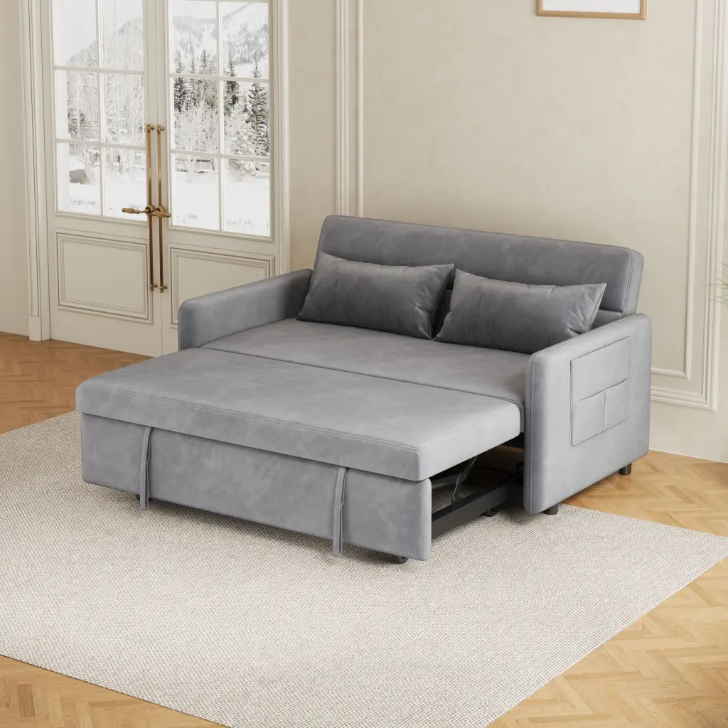 Grey Velvet Sofa Pull Out Bed Incorporated Two Pillows 54 Inch Small Spaces ylf fff