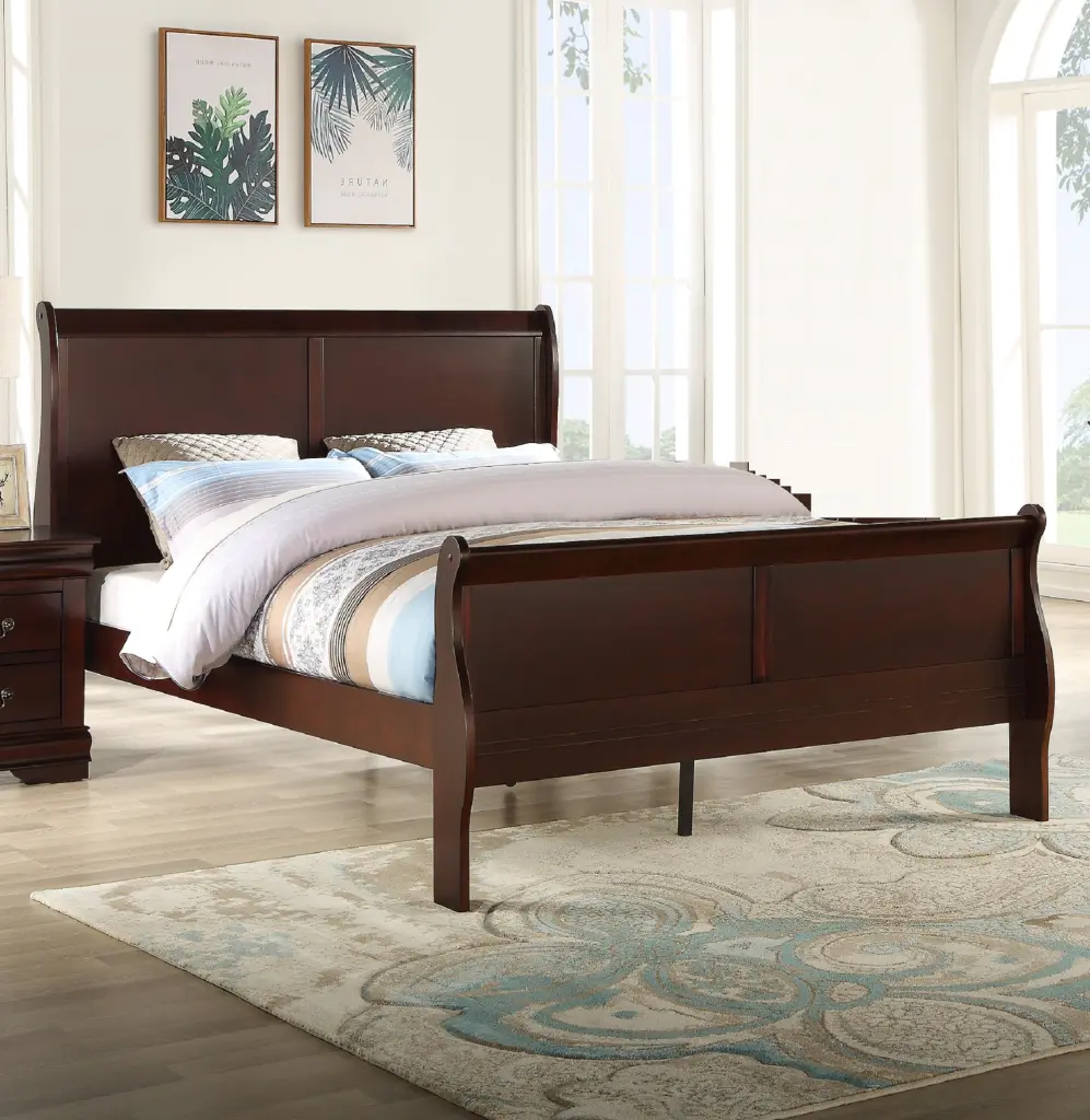 Louis Phillipe Brown Cherry Finish Queen Size Panel Sleigh Bed Solid Wood kanepe