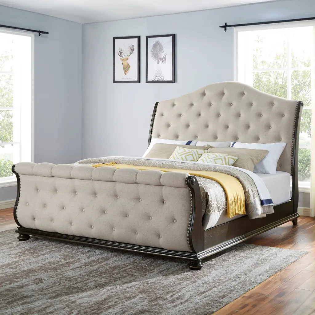 Rhapsody Queen Sleigh Bed Beige Faux Leather Bed Frame steve silver furniture