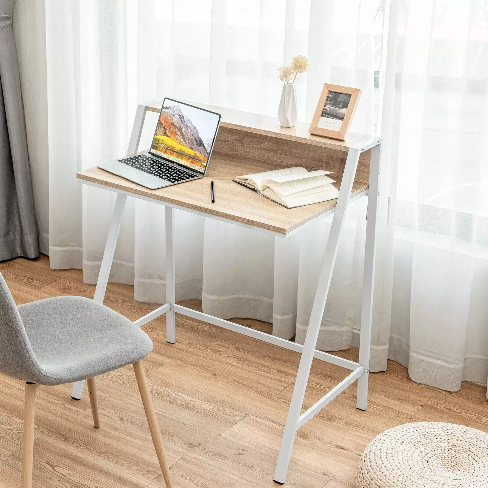 Amijoy Small Computer Desk 31 Inch Space-saving Writing Desk Shelf Ladder Shape Heavy Duty Steel Frame