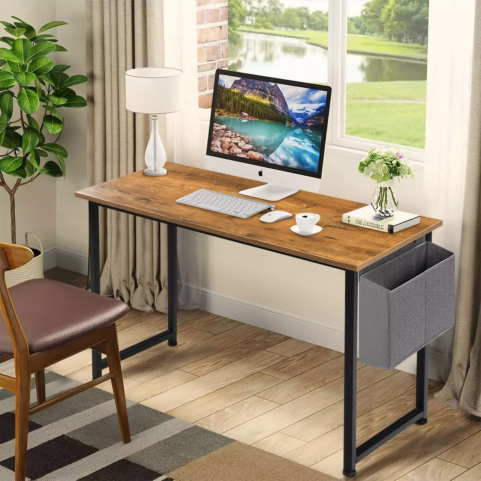 Coliware 31.5 inch Small Computer Desk Modern Simple Style Home Office Desk Storage Bag Iron Hook