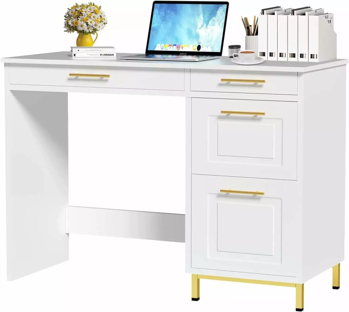 FHWM-HZH 43 Inch White Gold Multifunctional Small Bedroom Computer Desk