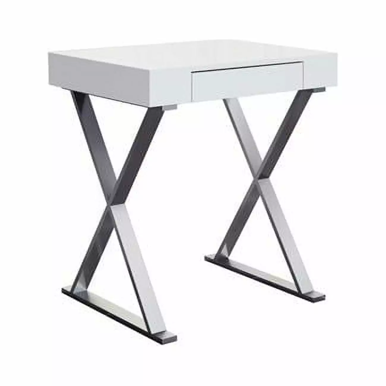 Desk Small High Gloss White One Drawer and Stainless Steel Base - Minimalist Design HomeRoots