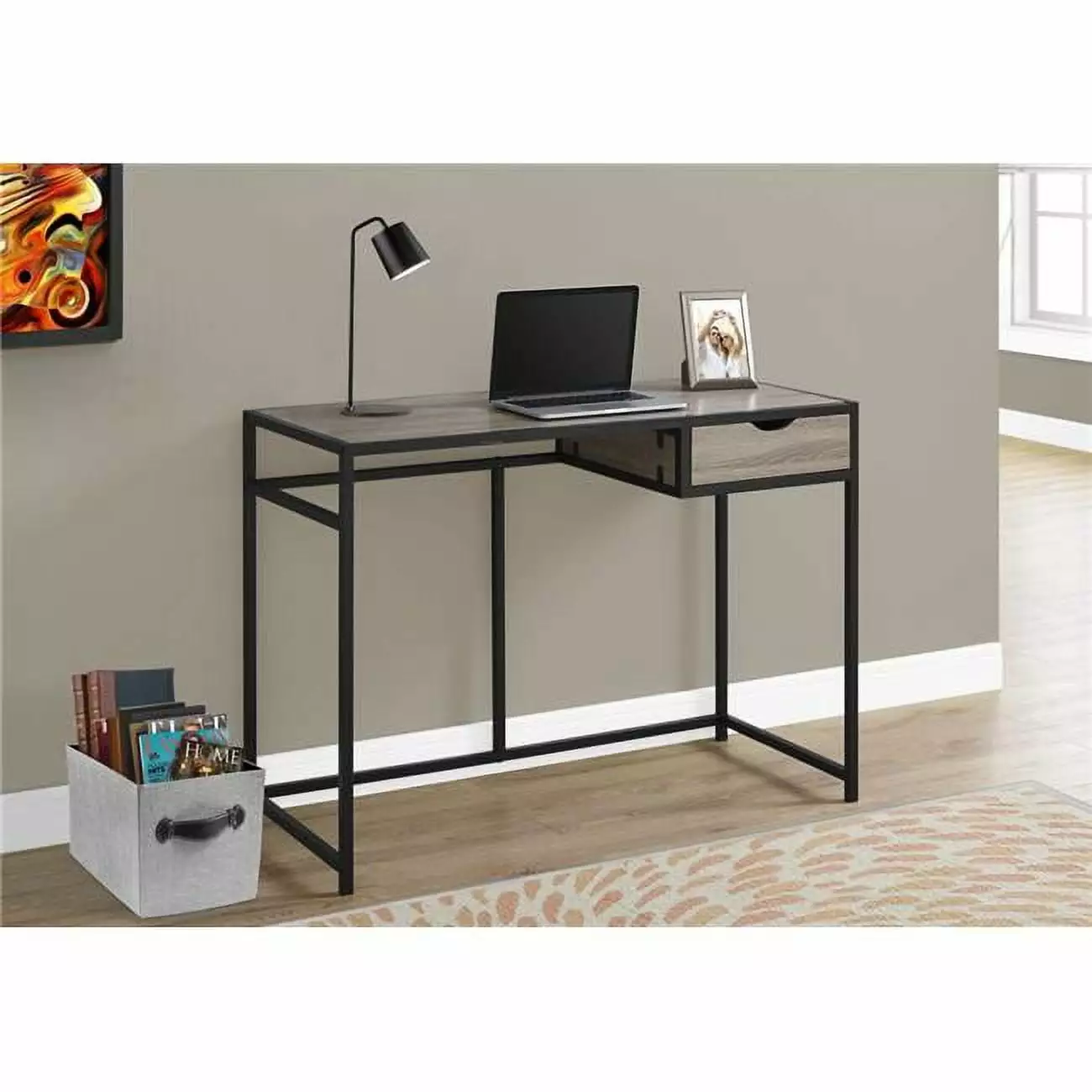 HomeRoots 30 Inch Dark Taupe MDF and Black Metal Computer Desk Small Spaces