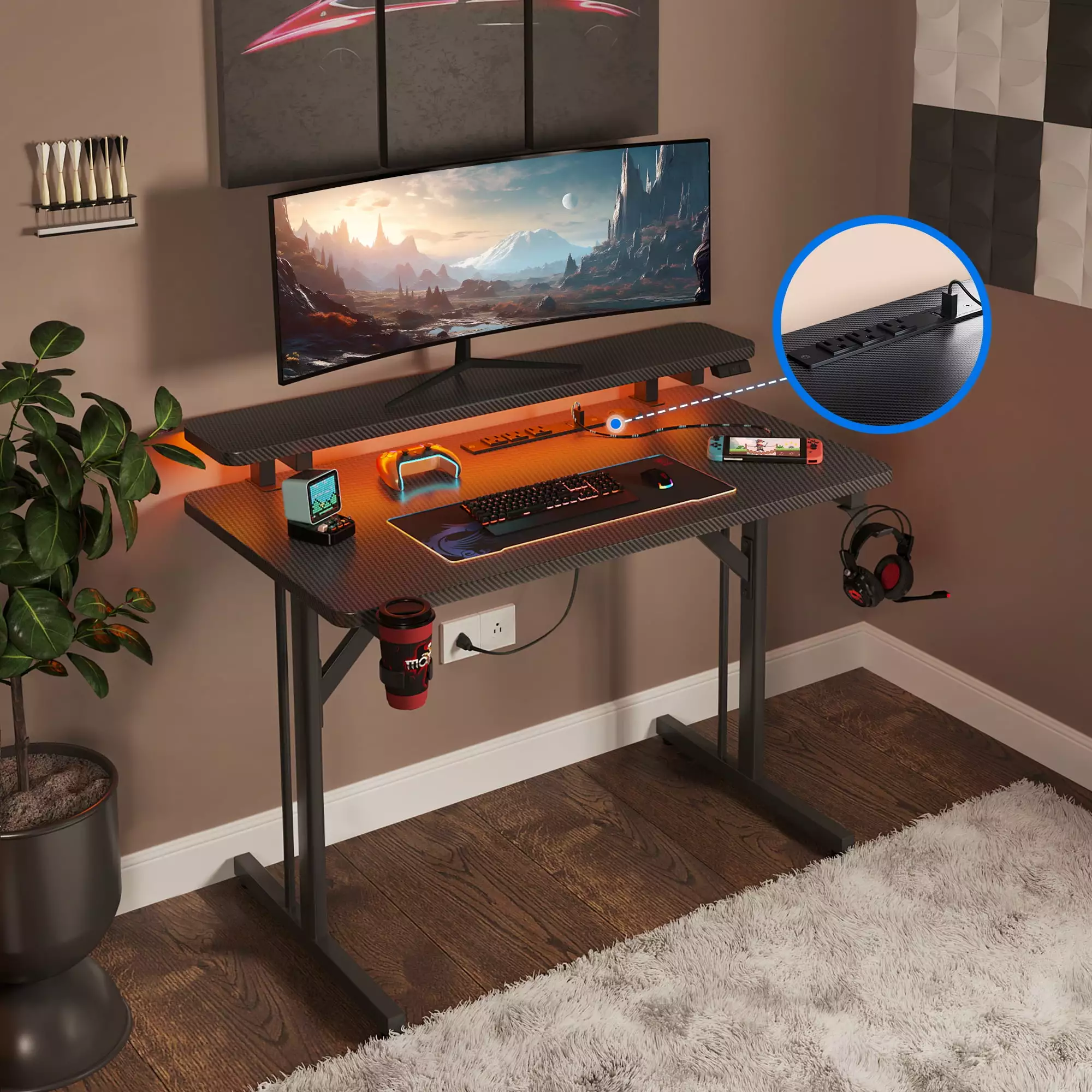 31 Inch Small Gaming Desk Power Outlets LED Lights and Monitor Shelf Black KKL