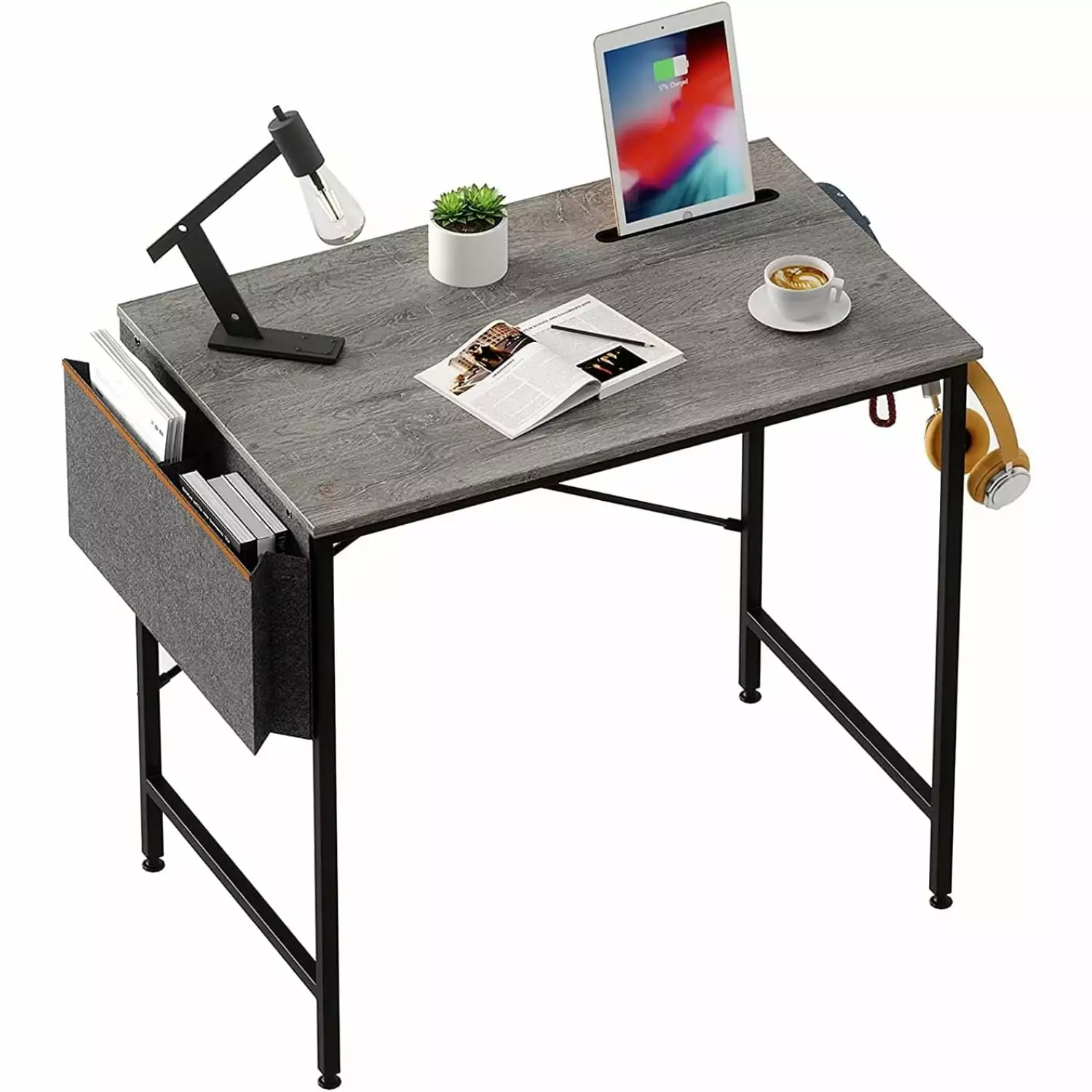 HElectQRIN Computer 32 Inch Modern Mini Style Office Desk Adjustable Metal Frame Storage Bag and Working Table Small Bedro...