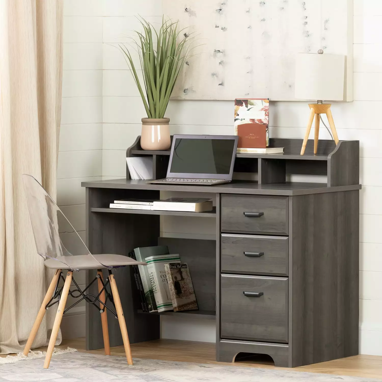 HomeStock Southwestern Grey Small Space Computer Desk Hutch