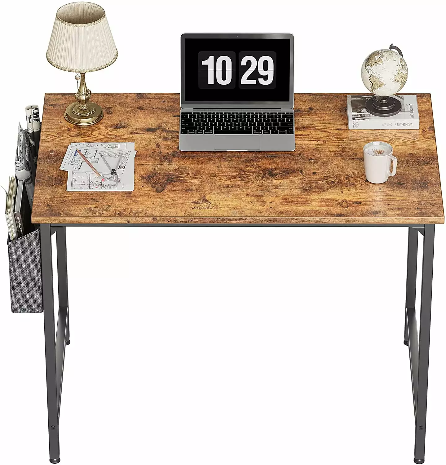 32 Inch Study Computer Desk Black Metal Frame and Rustic Brown Top LKT