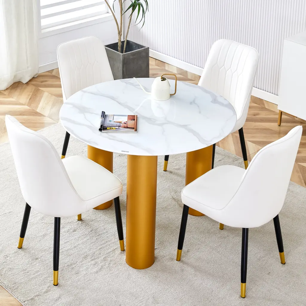 Round Table and Chair Set White Marble Pattern Top and Gold MDF Base droom w-1151