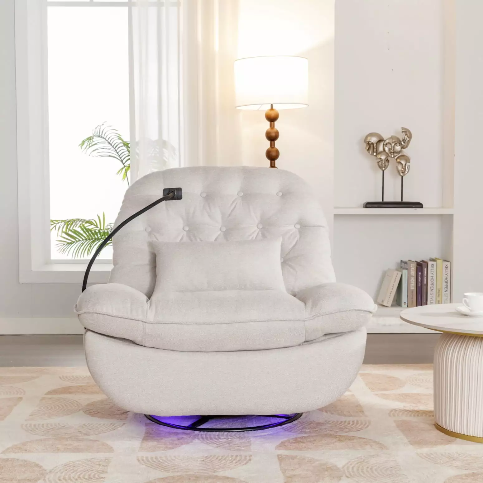 Beige Velvet 270-Degree Swivel Power Recliner Voice Control - Bluetooth, USB Ports, Atmosphere Lamp, Hidden Storage HATNOKIL