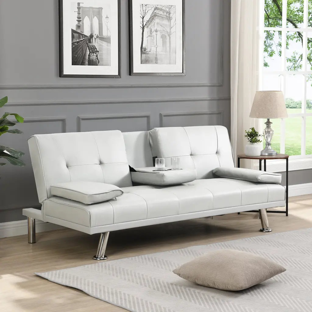 Sofa Bed Armrest Two Holders Wood Frame Stainless Leg Futon White beds - sofas