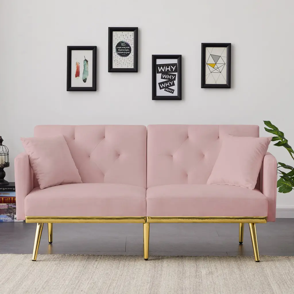 Pink Velvet Sofa Bed Wood Frame and Foam Cushions 2 Seats cy furniture