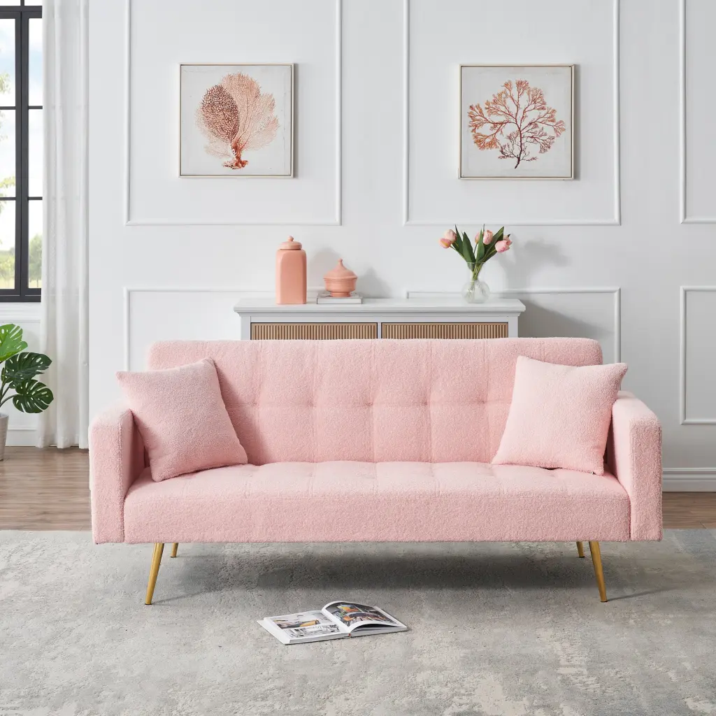71.7 Inch Pink Teddy Fleece Sofa Bed Two Throw Pillows - Convertible Pink Fabric Couch fan chen furniture