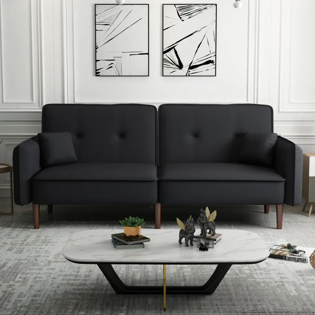 Convertible Sofa Bed Wood Legs Black Cotton Linen Fabric hdf store