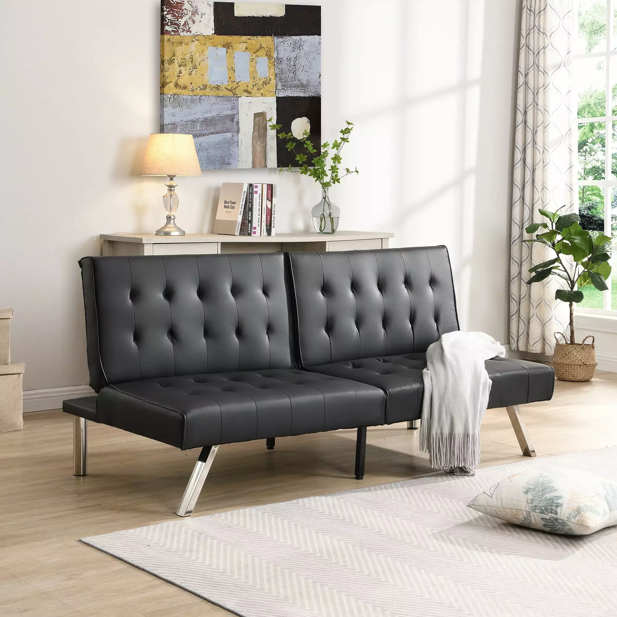 Homiyad Sofa Bed Black PVC Compact Convertible Sleeper Couch
