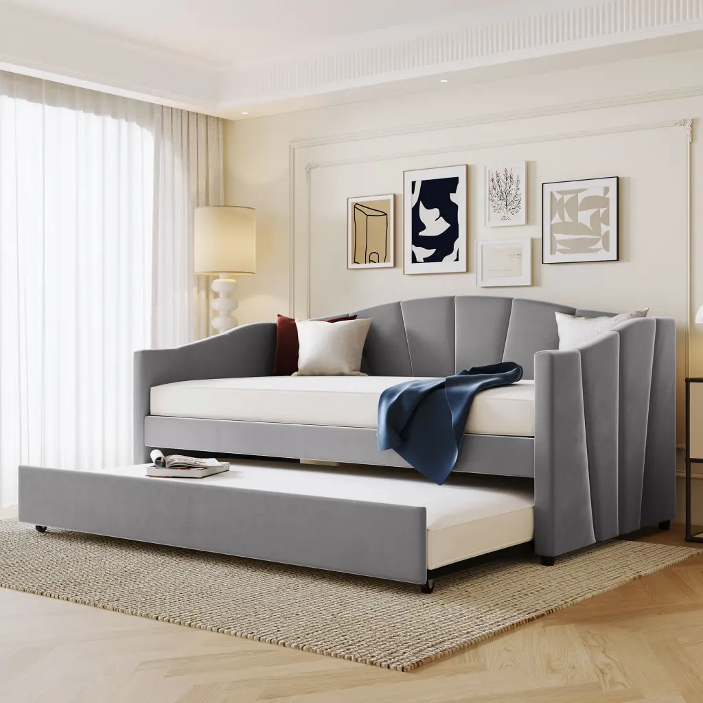 Upholstered Daybed Sofa Bed Twin Size Trundle and Wood Slat Support lucky furniture