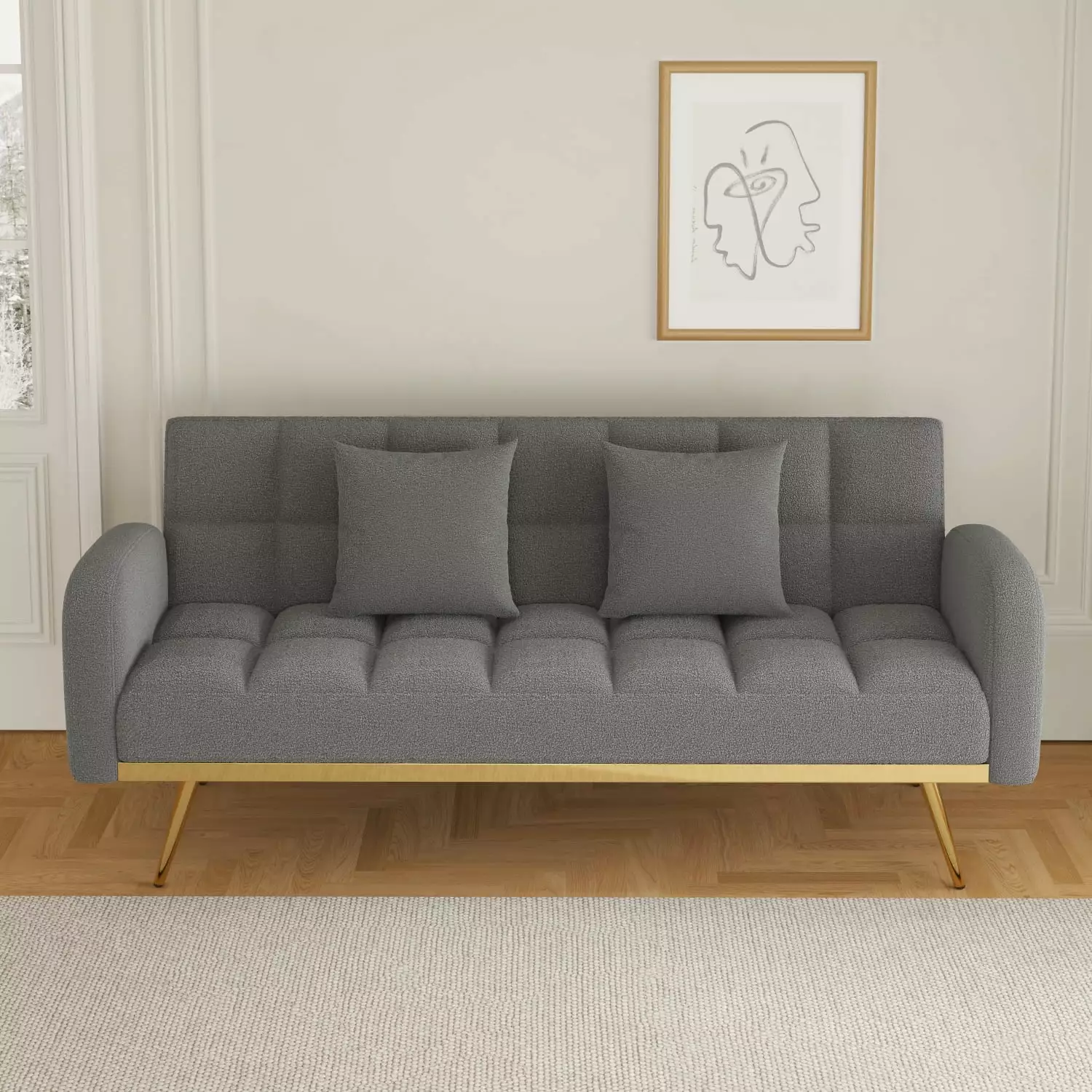 Versatile 69-Inch Grey Sofa Bed Adjustable Teddy Fleece and 2 Throw Pillows Small Spaces Ponnky