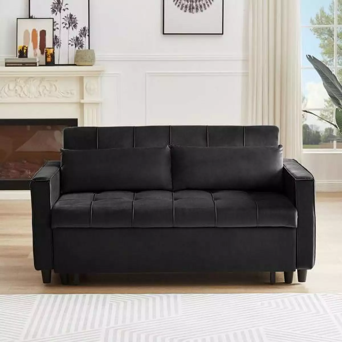 Black Modern Velvet Recliner Sofa Pullout Bed and Side Coffee Table SY