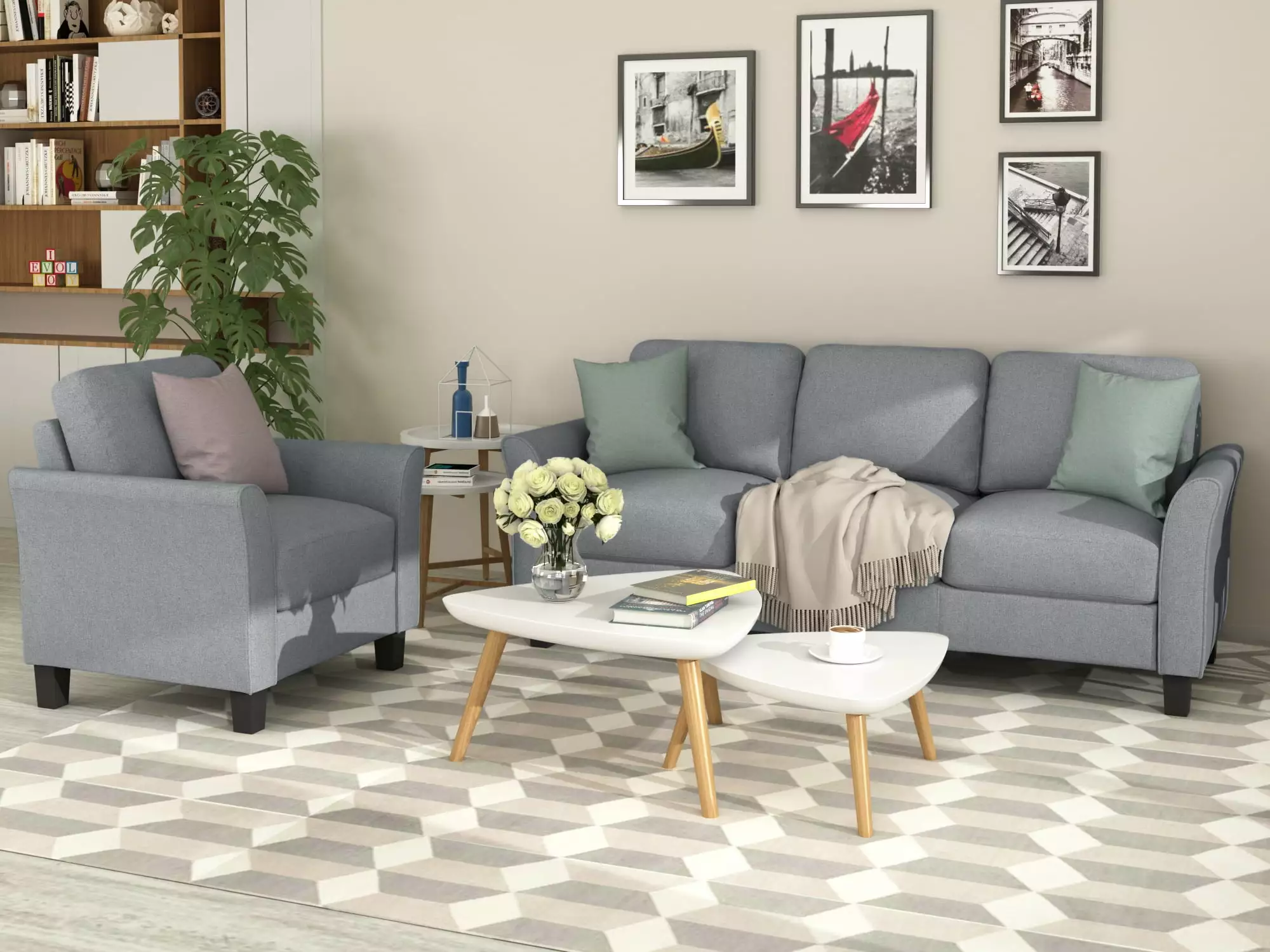 Living Room Furniture Gray Arm Accent Chair and 3-Seat Sofa Set Bedroom or Living Room CNCJ