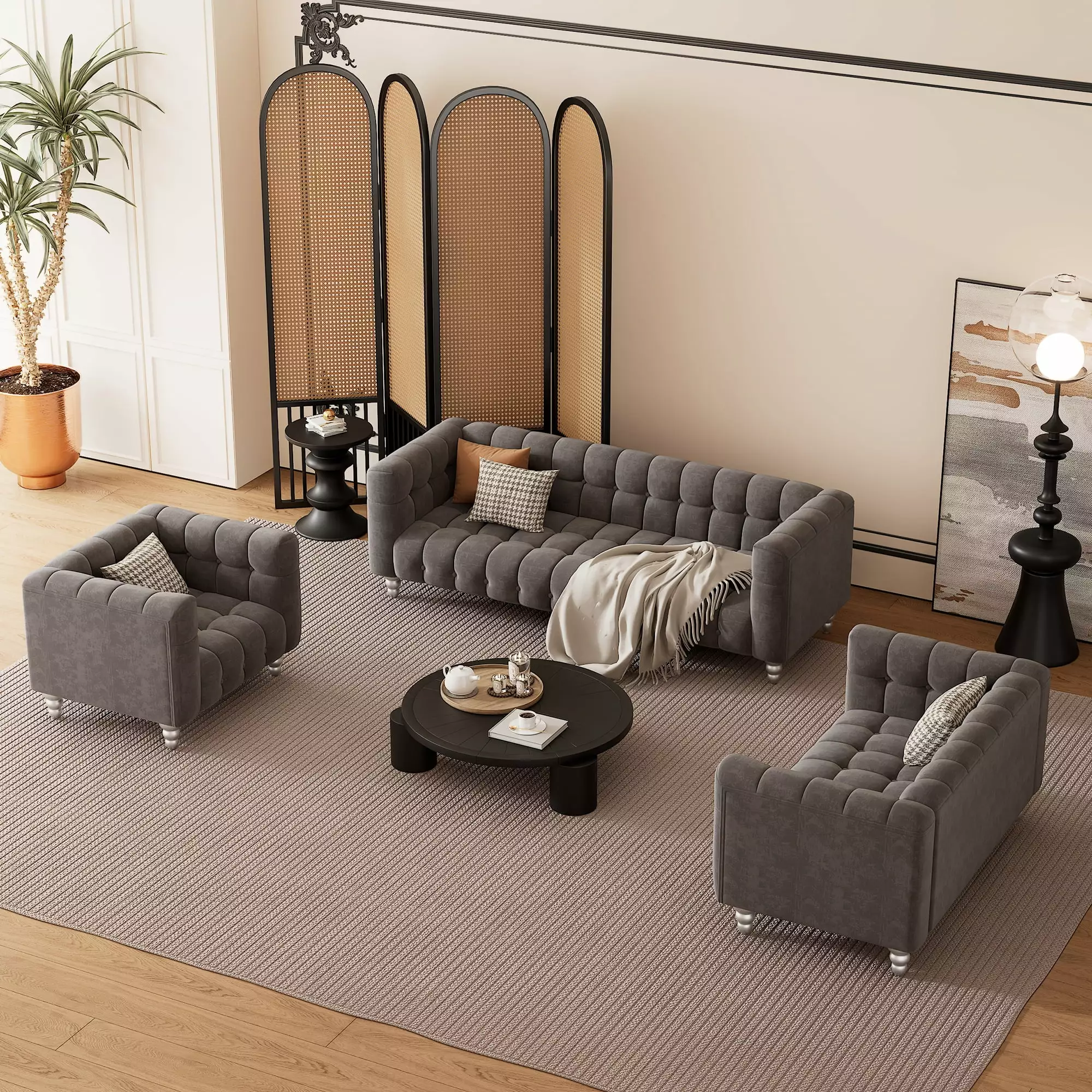 Modern 3-Piece Sofa Set Solid Wood Legs Buttoned Tufted Backrest Dutch Fleece Upholstered Sofa Set Including Three-Seater ...