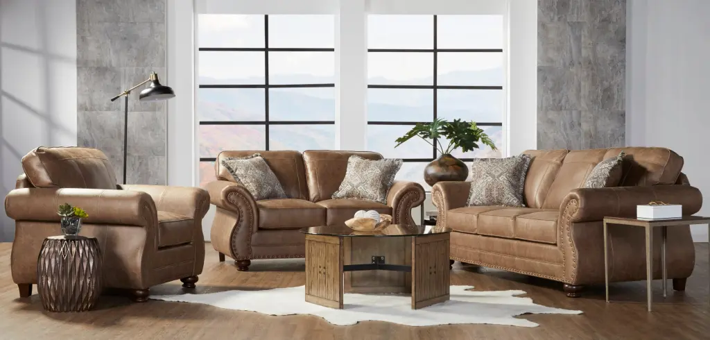 Leinster Faux Leather 3 Piece Sofa Set Antique Bronze Nailheads, Living Room Furniture hz