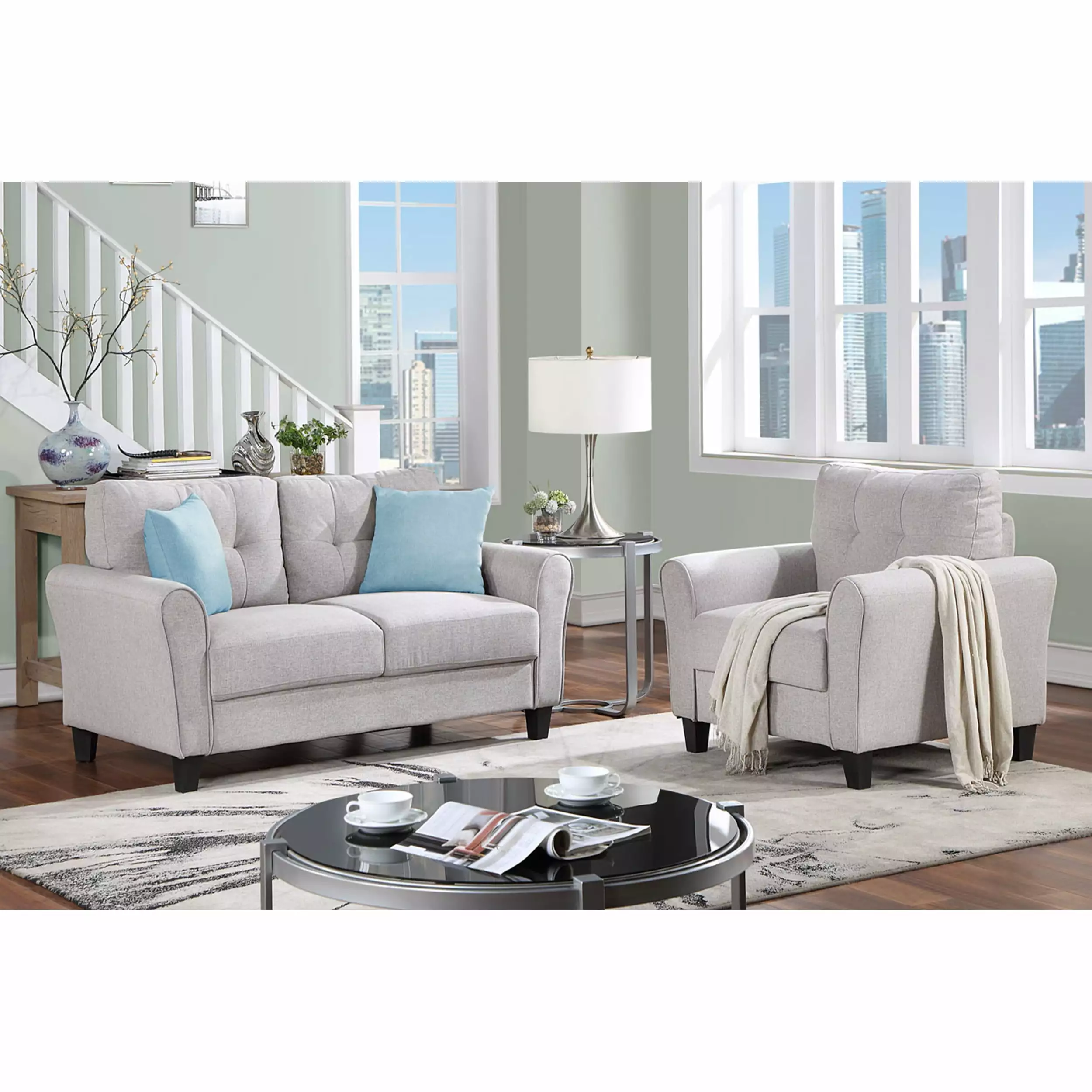 Modern Living Room Sofa Set Linen Upholstered Couch Furniture Home or Office Light Grey 1+2 Seat Miekor