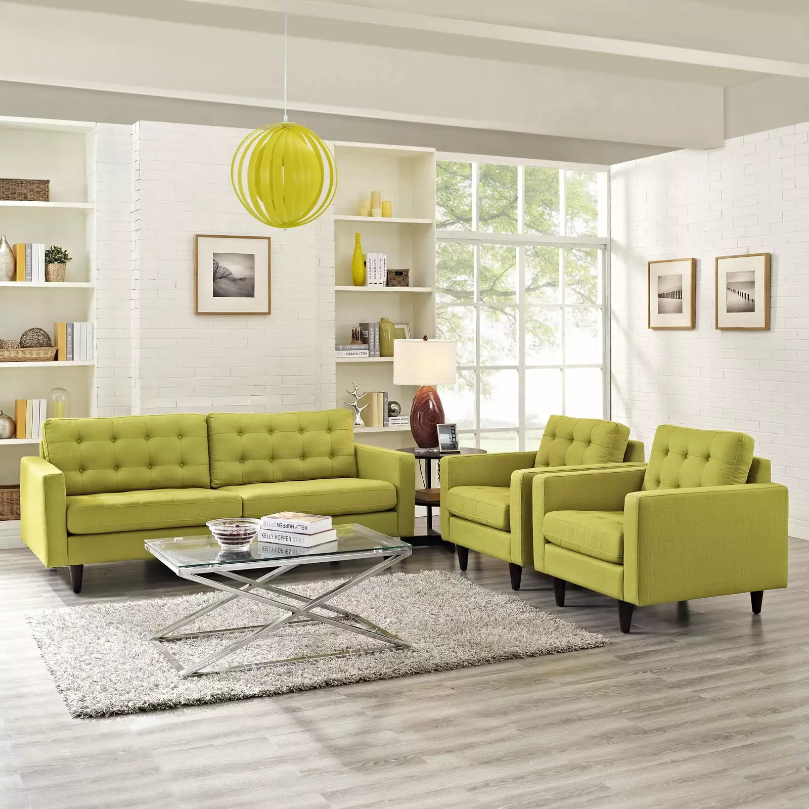 Modway Empress Sofa and Armchairs Set 3 Wheatgrass Modern Living Room Furniture