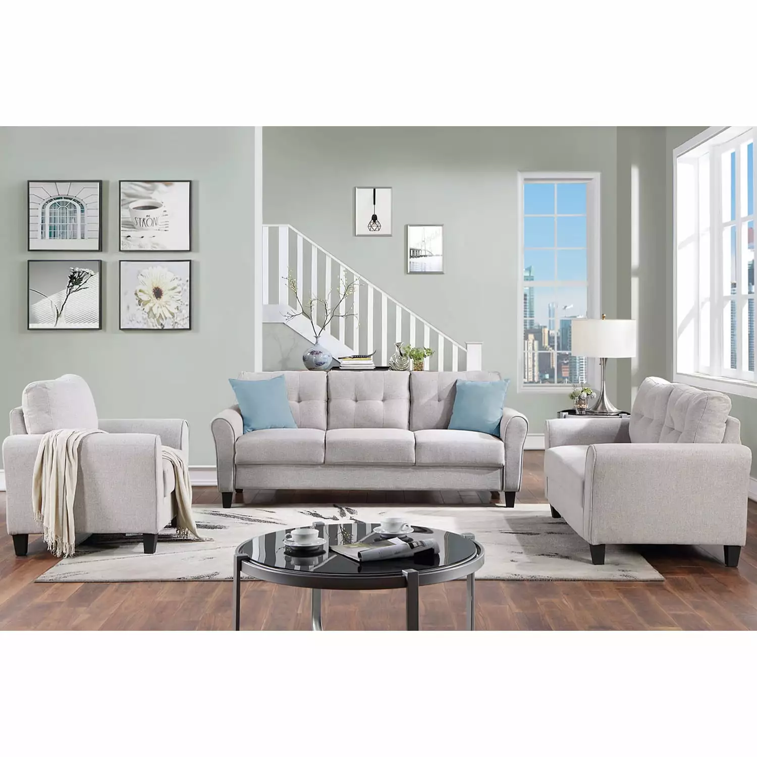 Elegant 3-Piece Sofa Set Living Room Light Grey Linen 1 2 3 Seats Modern Button Tufted Design Comfortable Cushioning Wood ...