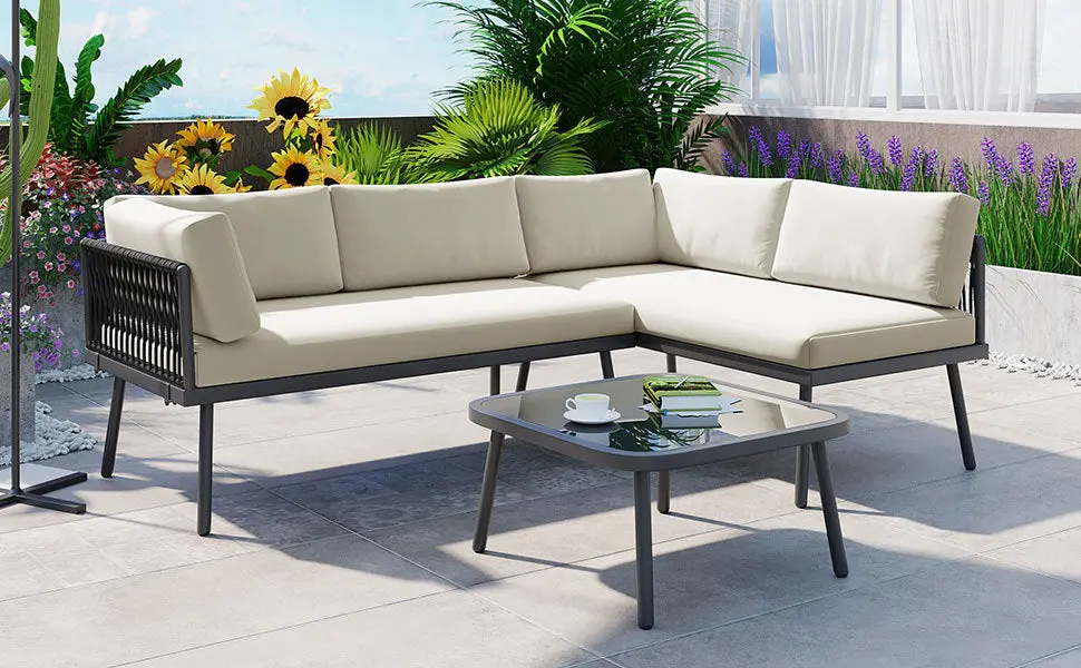 Modern Outdoor 3 Piece PE Rattan Sofa Set All Weather Patio Metal Sectional rnb