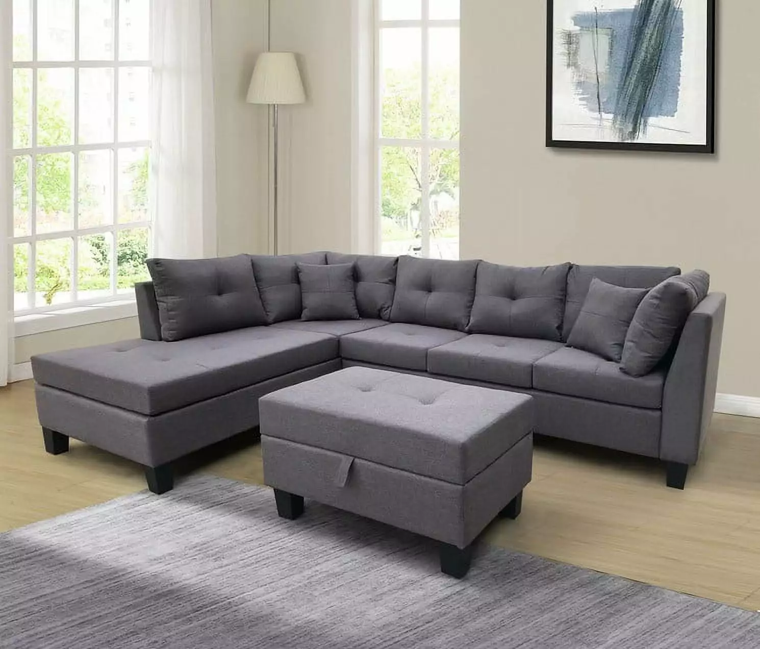 Sectional Sofa Set Left Hand Chaise Lounge and Storage Ottoman Grey Living Room Furniture Teekyooly