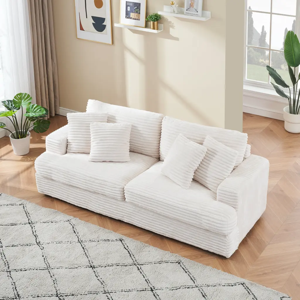 79.3'' Corduroy Sofa 4 Matching Toss Pillows Polished Design Spacious fan chen furniture