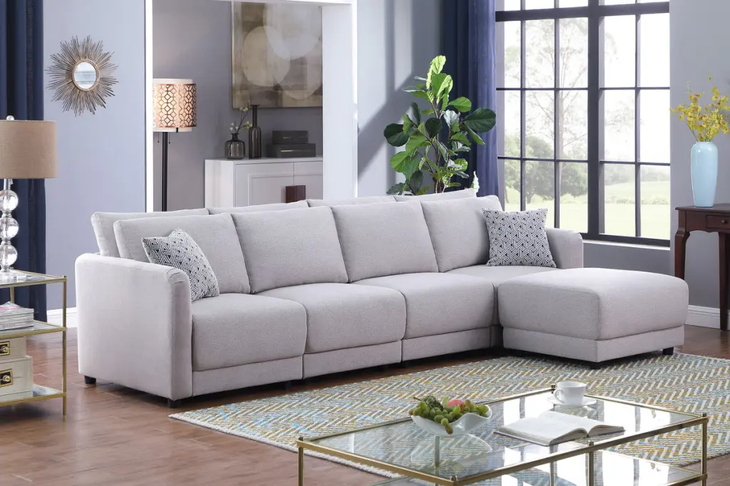 Penelope 111 Inch Light Gray Linen Fabric 4 Seater Sofa Ottoman and Pillows Comfortable Couch lilola home