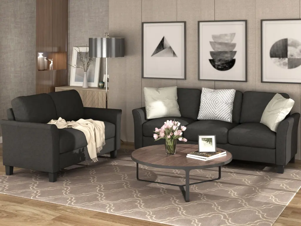 Living Room Loveseat Sofa And 3 Seat Sofa Set Black Fabric lucky furniture