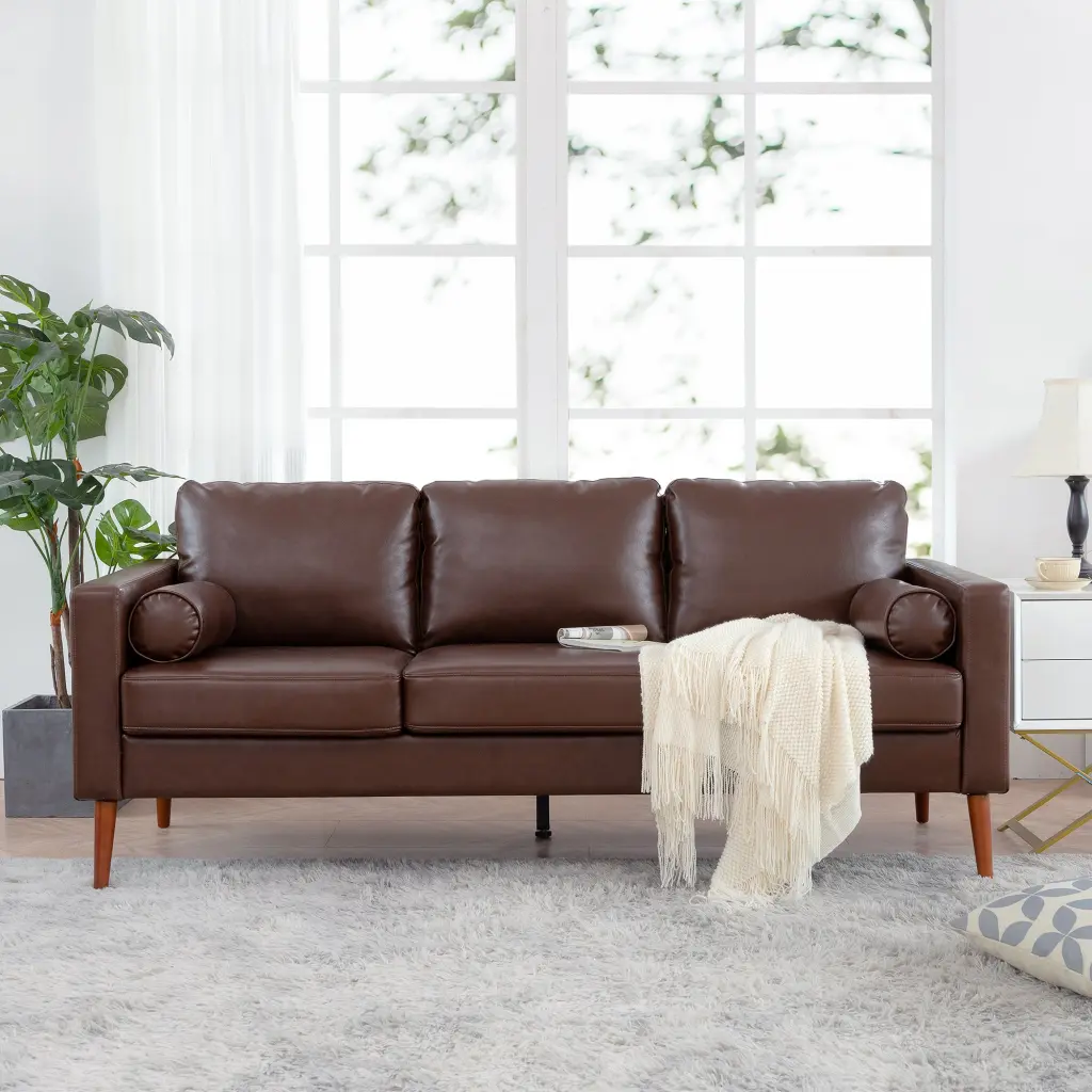 Small Sofa Couch 76.97 Inch Brown 3 Seat Comfy Couches Living Room rnb