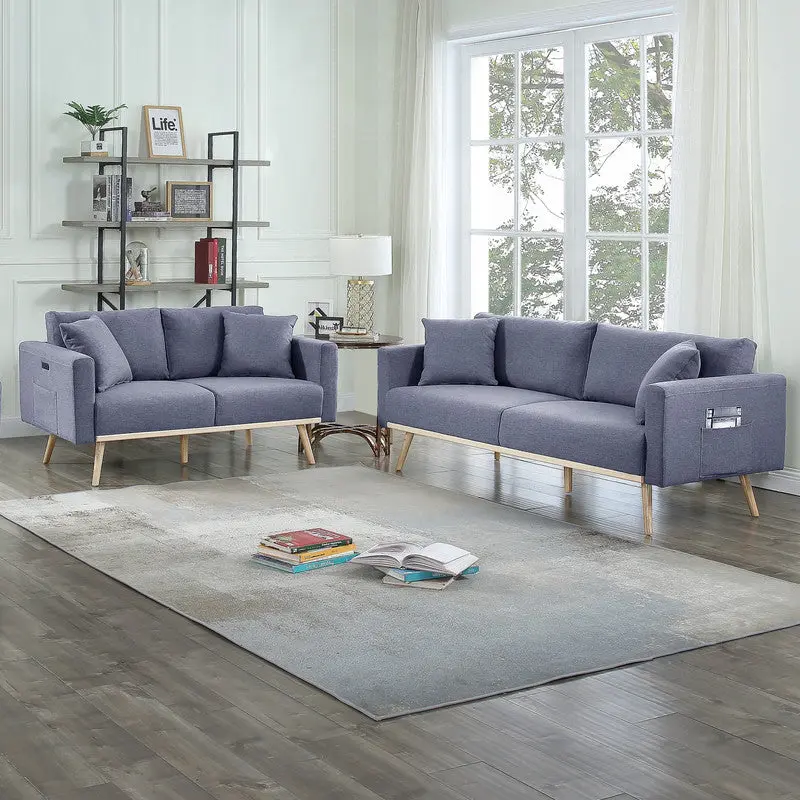 Easton Dark Gray Linen Fabric Sofa Loveseat Living Room Set USB C lilola home