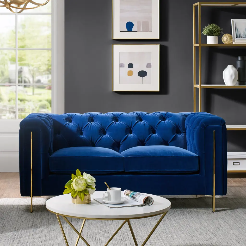 Charlene Velvet Loveseat Blue Fabric Sofa Living Room steve silver furniture