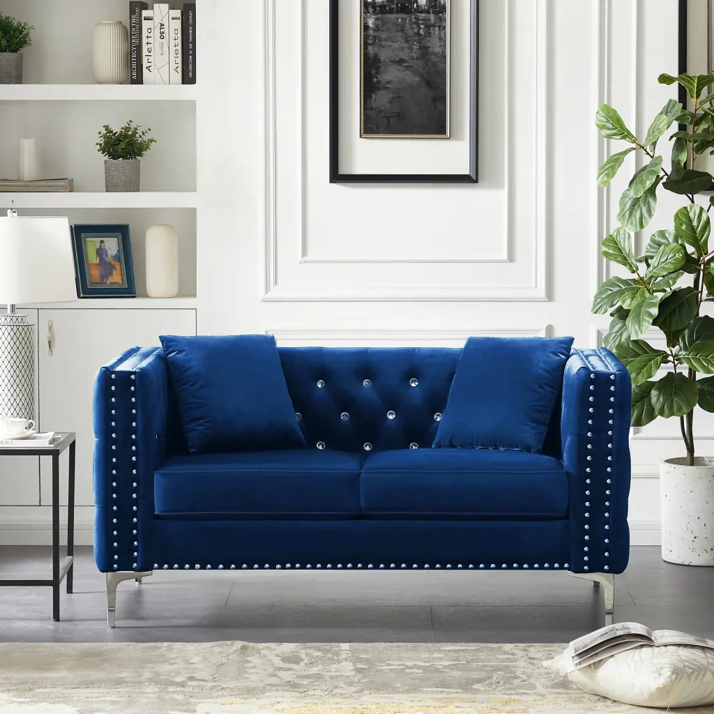 59.4 Inch Wide Blue Velvet Sofa Jeweled Buttons and Square Arm aijiafurniture