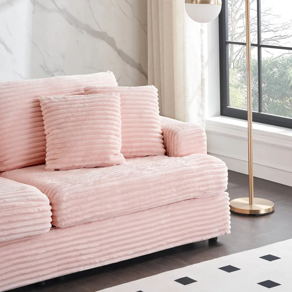 79.3 Inch Corduroy Sofa 4 Matching Toss Pillows Polished Design Spacious fan chen furniture