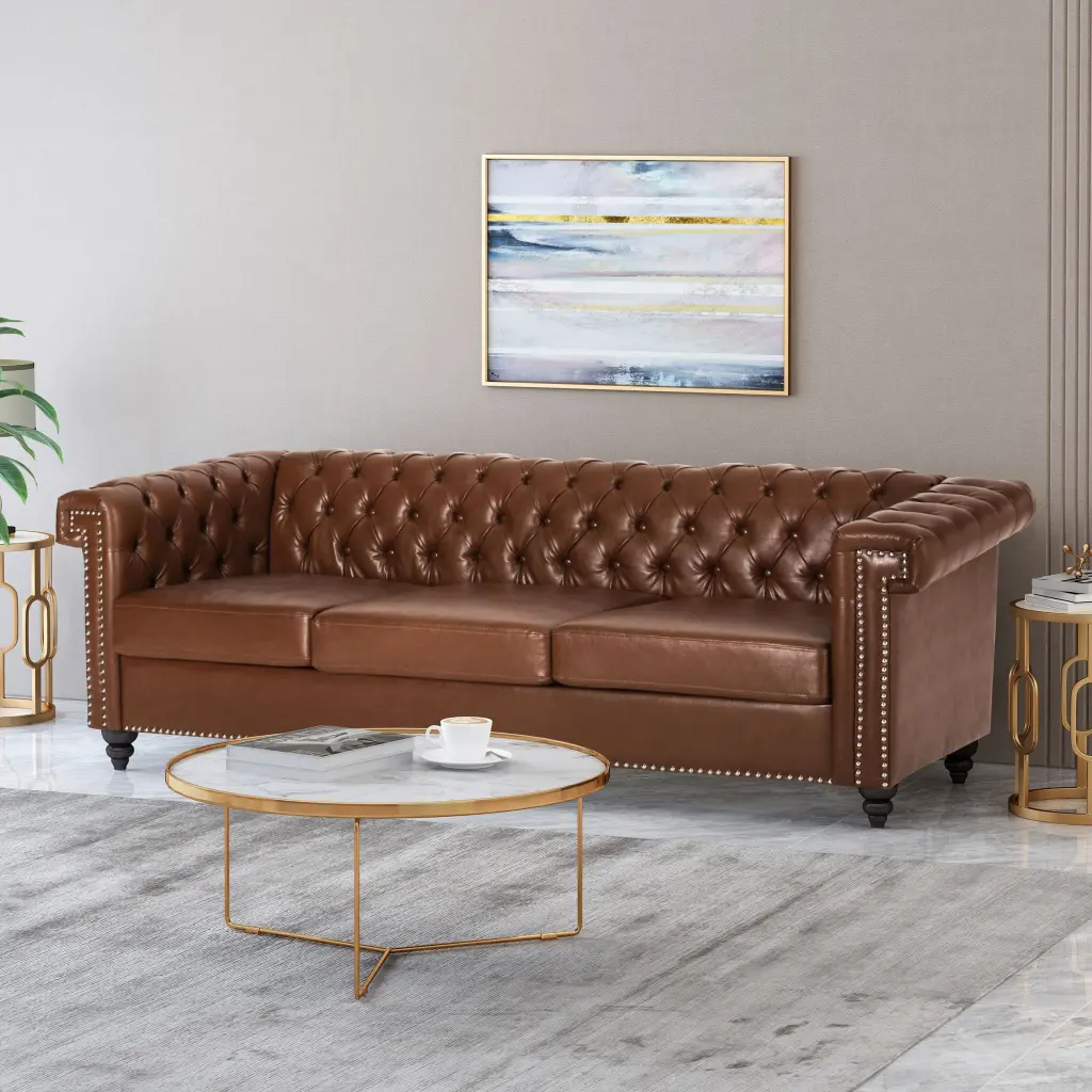3 Seater Sofa Light Brown PU Leather Living Room Couch nh-perfect home