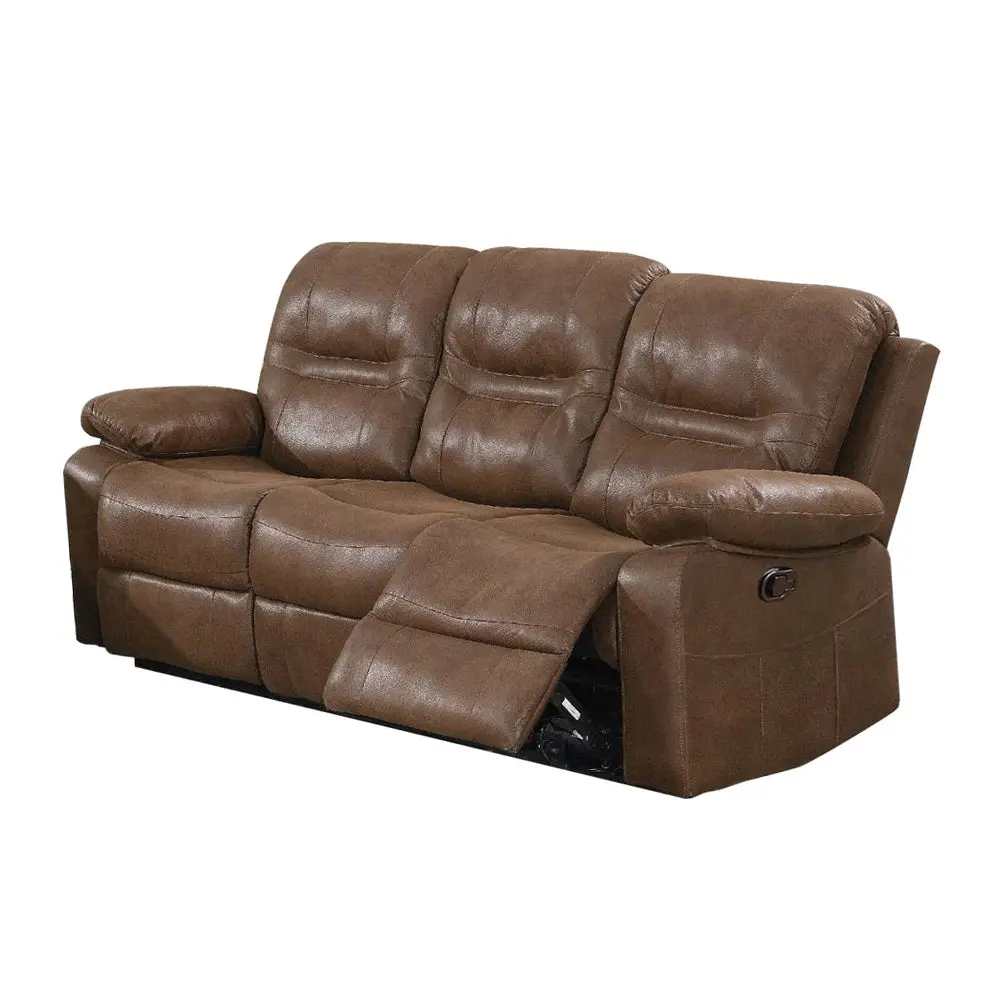 Brown Manual Reclining Sofa Metal Mechanism Pine Frame simple relax