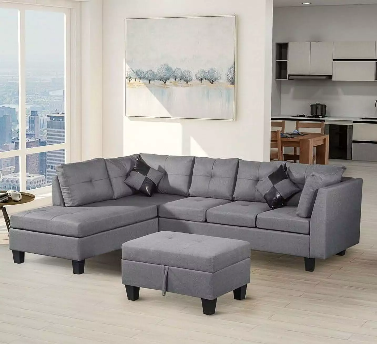 3-Piece Sofa Set Chaise Lounge Storage Ottoman Gray Teekyooly