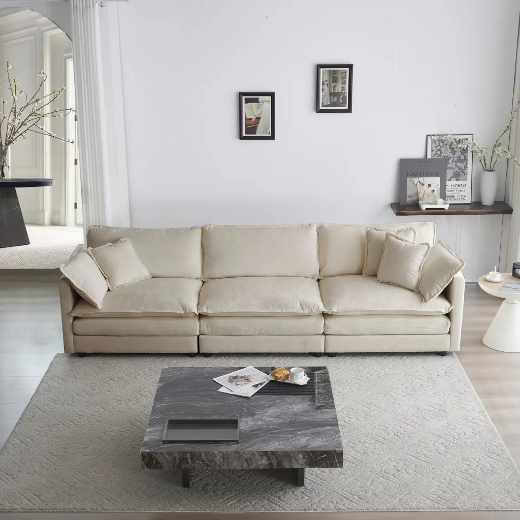 Mid Century Modern 3 Seater Sofa 2 Armrest Pillows and 3 Throw Pillows ui furniture