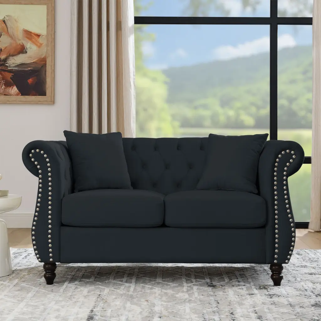 58.8 Inch Black Velvet Chesterfield 2 Seater Sofa Living Room welike furniture