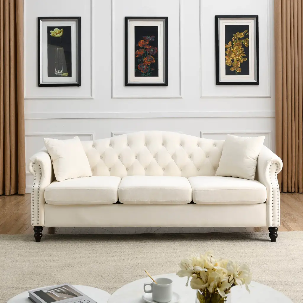 79 Chesterfield Sofa Beige Velvet Living Room 3 Seater Sofa welike furniture