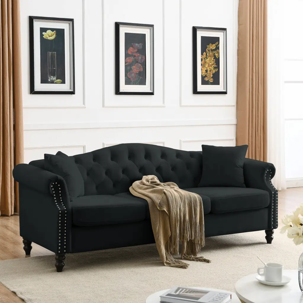 79" Chesterfield Sofa Black Velvet Living Room 3 Seater Sofa welike furniture