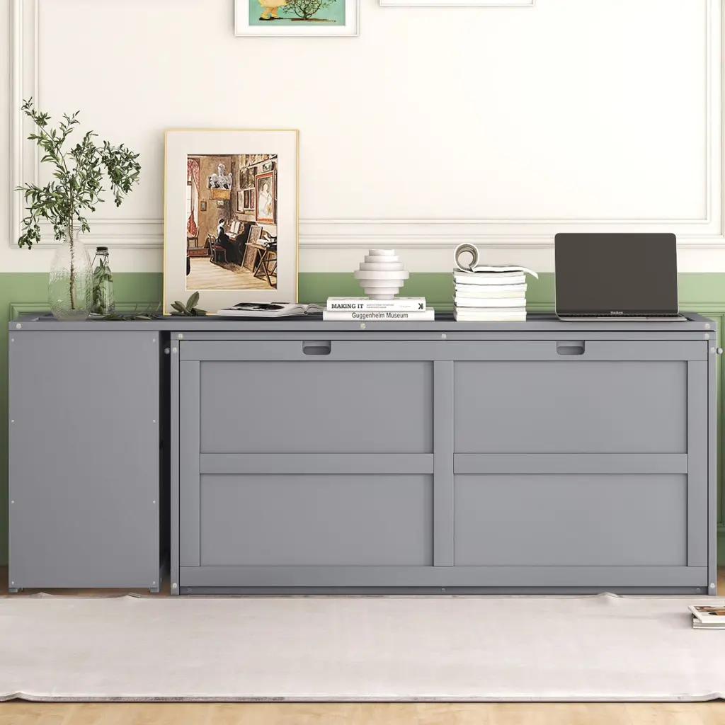 Queen Size Murphy Bed Rotatable Desk Gray No Box Spring Needed wm store