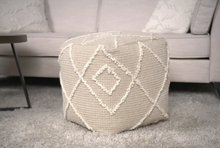 Merloh Square Pouf Ivory - Wool Footstool Ottoman Living Room bazar