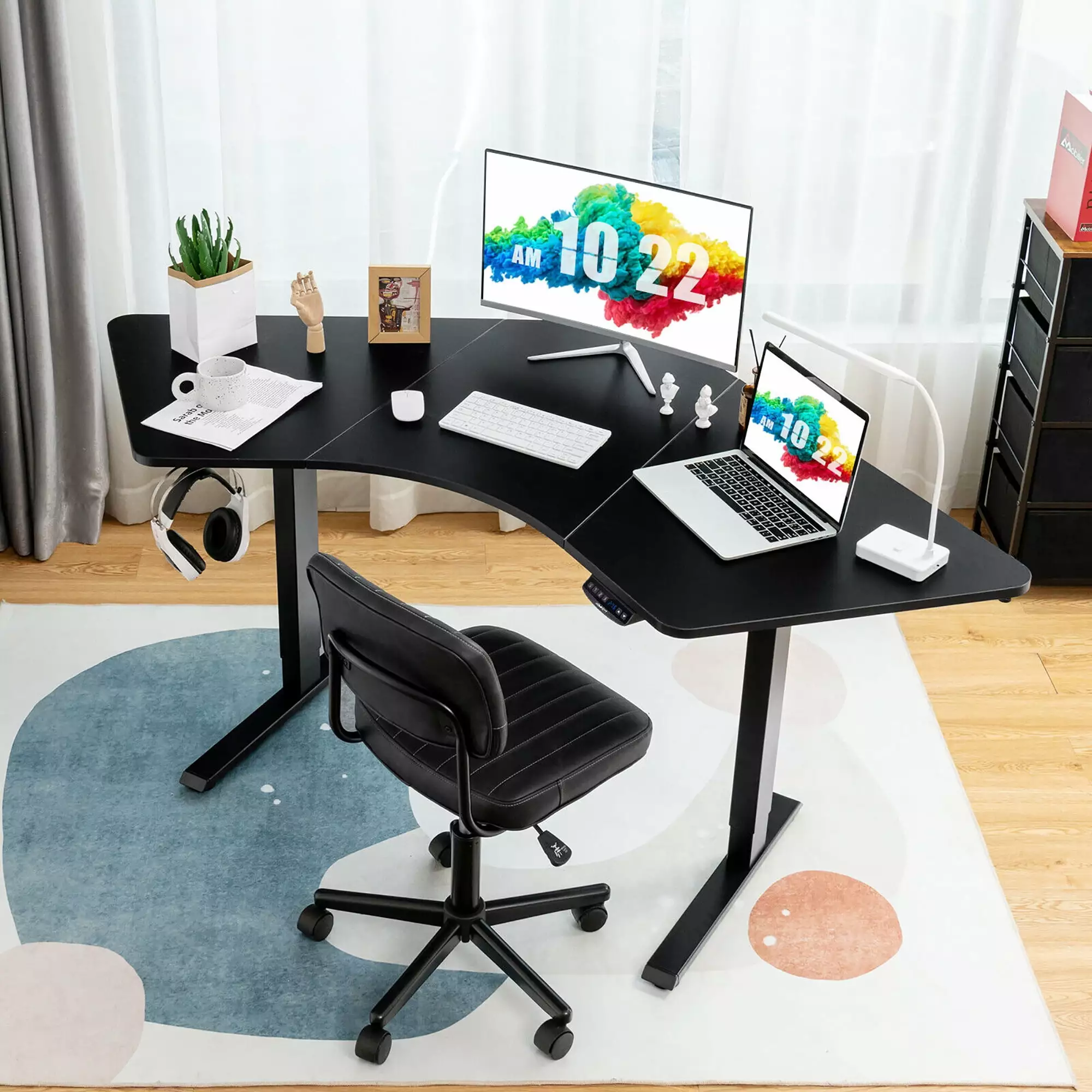 Gymax Dual Motor L Shaped Standing Desk Ergonomic Sit Stand Computer Workstation Black Corner Desk