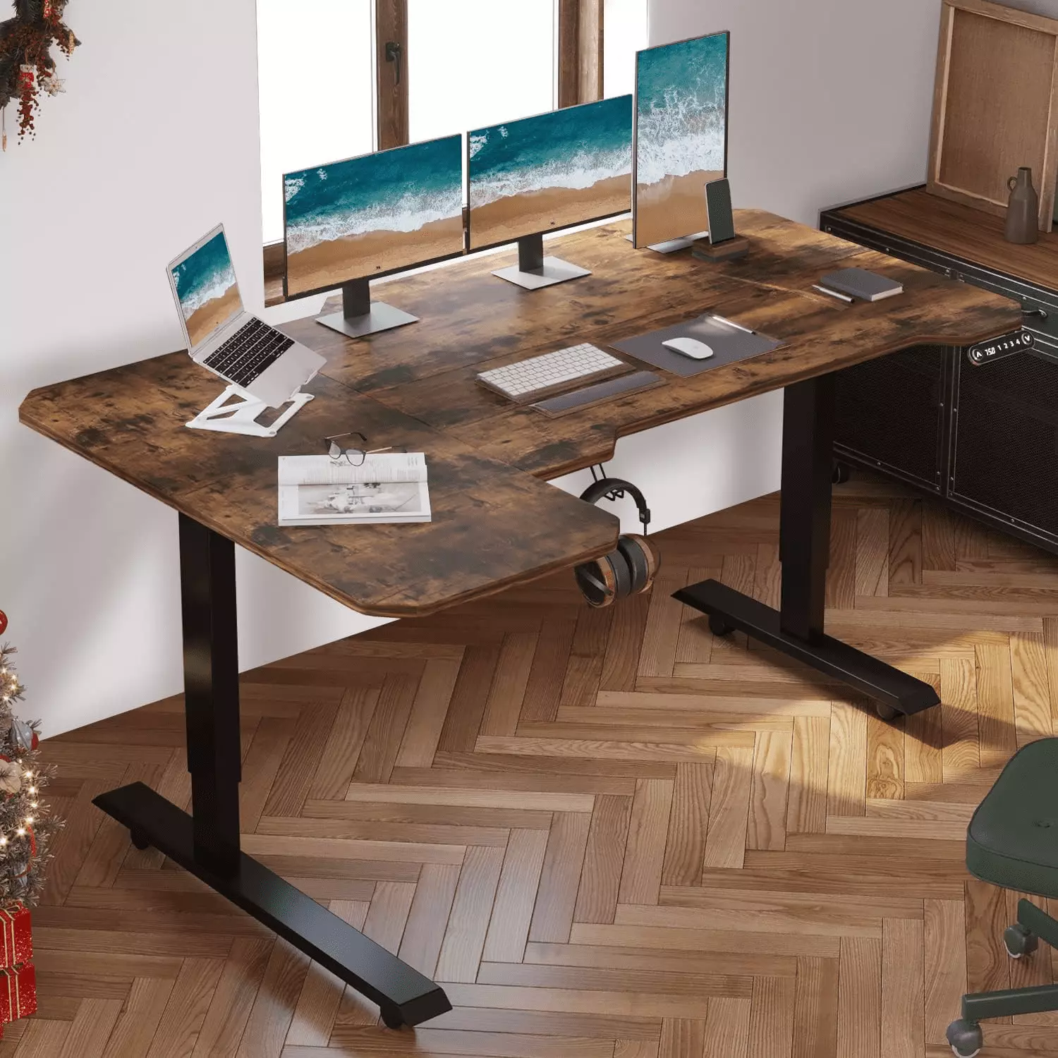 CometMin 59-Inch Large Electric Height Adjustable L-Shaped Computer Desk Memory Controller Rustic Brown Top Black Frame