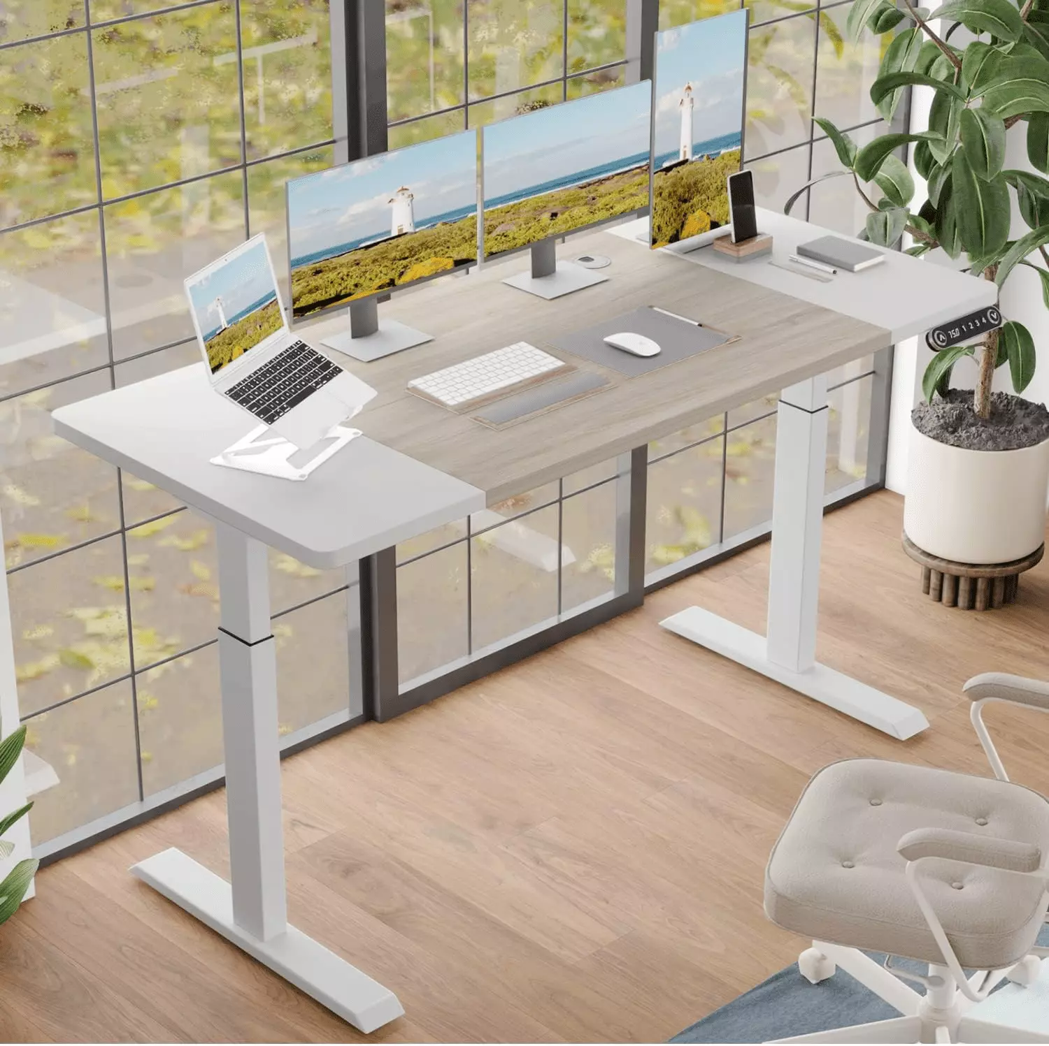 CometMin 63x30 Inch Electric Height Adjustable Standing Desk Stand Up Desk Workstation White and Oak